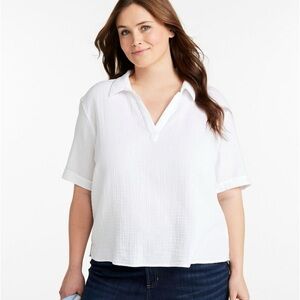 LL Bean Cloud Gauze Polo Shirt White 100% Cotton Relaxed Fit Plus 1X Coastal